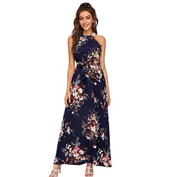 Floerns Women's Sleeveless Halter Neck Vintage Floral Print Maxi Dress A Navy Flower L
