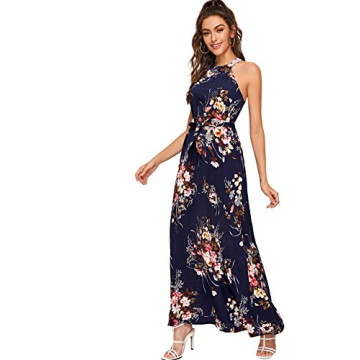 Floerns Women's Sleeveless Halter Neck Vintage Floral Print Maxi Dress A Navy Flower L
