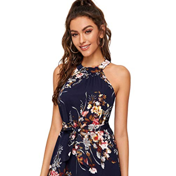 Floerns Women's Sleeveless Halter Neck Vintage Floral Print Maxi Dress A Navy Flower L