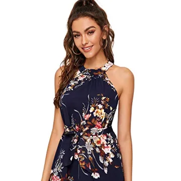 Floerns Women's Sleeveless Halter Neck Vintage Floral Print Maxi Dress A Navy Flower L