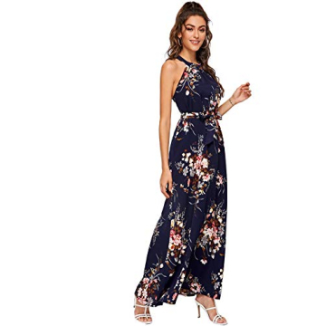 Floerns Women's Sleeveless Halter Neck Vintage Floral Print Maxi Dress A Navy Flower L