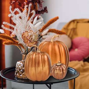 Winlyn 7 Pcs Assorted Sizes Artificial Metallic Bronze Pumpkins Rustic Decorative Fall Pumpkins Foam Pumpkins for Gifts Thanksgiving Halloween Harvest Fall Wedding Table Centerpiece Mantel Shelf Decor