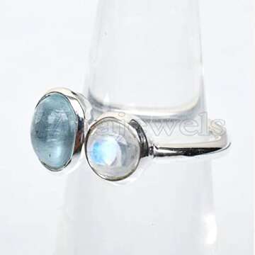Natural Aquamarine Ring, Moonstone Ring, 925 Sterling Silver Ring, Handcrafted, Aquamarine Ring, Mul...