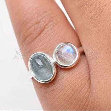Natural Aquamarine Ring, Moonstone Ring, 925 Sterling Silver Ring, Handcrafted, Aquamarine Ring, Multi Stone Ring, Gift For Her, Gorgeous Ring, Boho Ring, Mother’s Day, Statement Ring, Gift For Girls