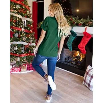 MOUSYA Merry and Bright Shirt Women Merry Christmas Tee Letter Print Short Sleeve Holiday Tops Tees (Green, M)