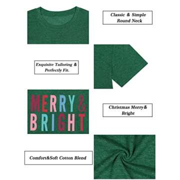 MOUSYA Merry and Bright Shirt Women Merry Christmas Tee Letter Print Short Sleeve Holiday Tops Tees (Green, M)