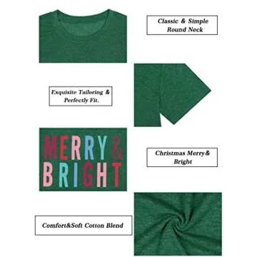 MOUSYA Merry and Bright Shirt Women Merry Christmas Tee Letter Print Short Sleeve Holiday Tops Tees (Green, M)