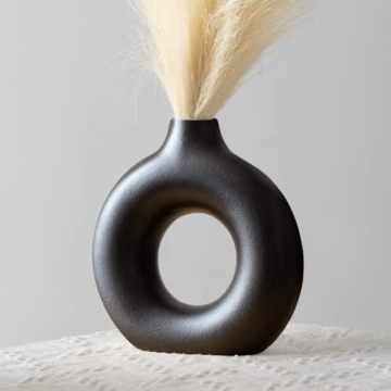 FORTIVO Modern Circle Vase 7 inch Black Ceramic Decor