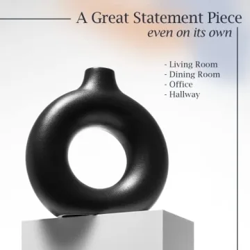 FORTIVO Modern Circle Vase 7 inch Black Ceramic Decor