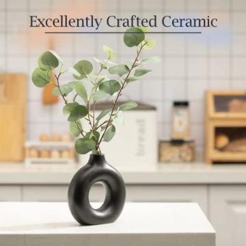 FORTIVO Modern Circle Vase 7 inch Black Ceramic Decor