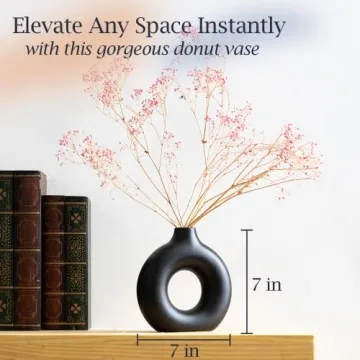 FORTIVO Modern Circle Vase 7 inch Black Ceramic Decor