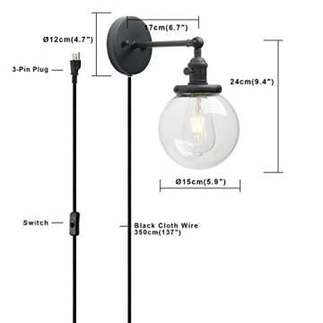 PERMO 1-Light Plug in On/Off Switch Wall Sconce with Mini 5.9" Round Globe Clear Glass Shade Vintage Industrial Wall lamp Light Fixture (Black)