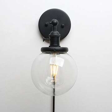 PERMO 1-Light Plug in On/Off Switch Wall Sconce with Mini 5.9" Round Globe Clear Glass Shade Vintage Industrial Wall lamp Light Fixture (Black)