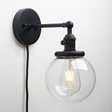 PERMO 1-Light Plug in On/Off Switch Wall Sconce with Mini 5.9" Round Globe Clear Glass Shade Vintage Industrial Wall lamp Light Fixture (Black)