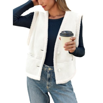 Tankaneo Womens Faux Suede Vests Sleeveless Sherpa Jackets V Neck Button Down Fleece Coats Casual Fa...