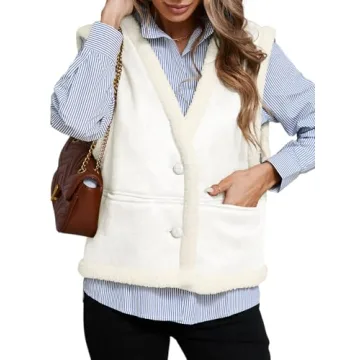 Tankaneo Womens Faux Suede Vests Sleeveless Sherpa Jackets V Neck Button Down Fleece Coats Casual Fall Winter Outerwear