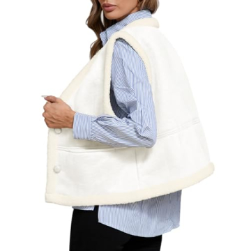 Tankaneo Womens Faux Suede Vests Sleeveless Sherpa Jackets V Neck Button Down Fleece Coats Casual Fall Winter Outerwear