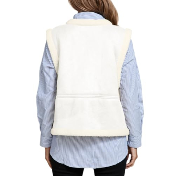 Tankaneo Womens Faux Suede Vests Sleeveless Sherpa Jackets V Neck Button Down Fleece Coats Casual Fall Winter Outerwear