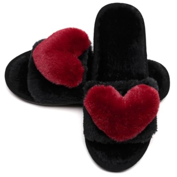 CRAZY LADY Women's Fuzzy LOVE House Slippers Soft Plush Furry Fur Open Toe Cozy Winter Warm Comfy Sl...