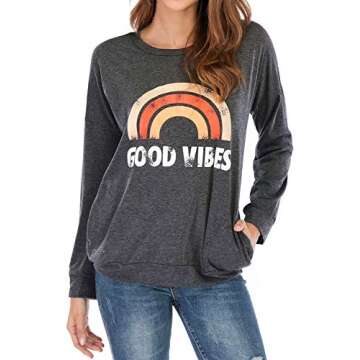 OUNAR Women Good Vibes Loose Fit Sweatshirt Rainbow Graphic Casual Long Sleeve Tops Shirts