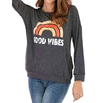 OUNAR Women Good Vibes Loose Fit Sweatshirt Rainbow Graphic Casual Long Sleeve Tops Shirts
