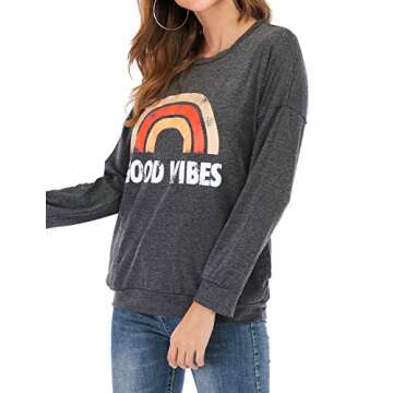 OUNAR Women Good Vibes Loose Fit Sweatshirt Rainbow Graphic Casual Long Sleeve Tops Shirts