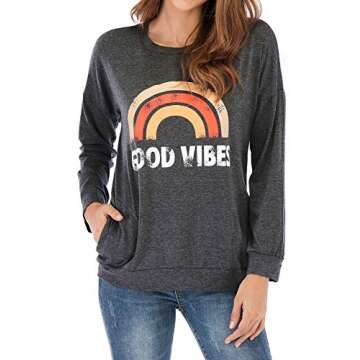 OUNAR Women Good Vibes Loose Fit Sweatshirt Rainbow Graphic Casual Long Sleeve Tops Shirts