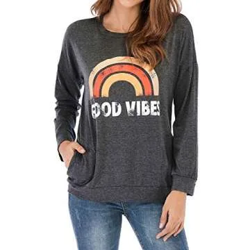 OUNAR Women Good Vibes Loose Fit Sweatshirt Rainbow Graphic Casual Long Sleeve Tops Shirts
