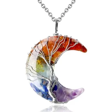 MAIBAOTA 7 Chakra Healing Crystal Necklace Tree Life Crescent Moon Phase Stone Pendant Necklaces Nat...