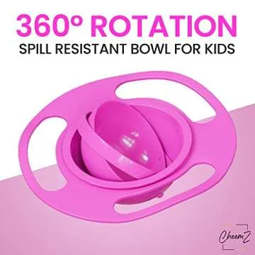 CheemZ Toddler Gyro Bowl - Baby Magic Bowl - 360 for Kids Age 1 to 3 Years - Spill-Resistant with Lid and 360° Rotations - Mess-Free Snack Bowls in Pink, Compact Size: 17 x 17 x 7cm