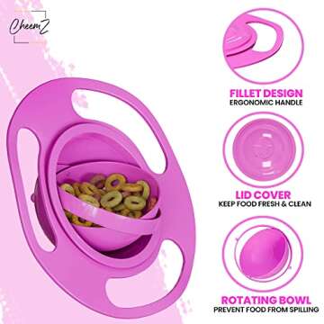 CheemZ Toddler Gyro Bowl - Baby Magic Bowl - 360 for Kids Age 1 to 3 Years - Spill-Resistant with Lid and 360° Rotations - Mess-Free Snack Bowls in Pink, Compact Size: 17 x 17 x 7cm