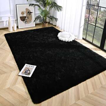 Prabia Super Soft Fluffy Shaggy Rugs 4x5.9 Feet for Living Room Bedroom, Fuzzy Plush Area Rugs for Girls Kids Room Nursery Home Decor, Furry Dorm Cute Non-Slip Indoor Floor Carpet, Black