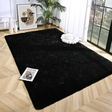 Prabia Super Soft Fluffy Shaggy Rugs 4x5.9 Feet for Living Room Bedroom, Fuzzy Plush Area Rugs for Girls Kids Room Nursery Home Decor, Furry Dorm Cute Non-Slip Indoor Floor Carpet, Black