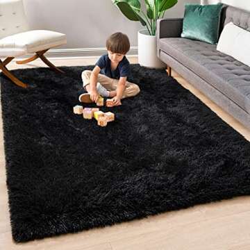 Prabia Super Soft Fluffy Shaggy Rugs 4x5.9 Feet for Living Room Bedroom, Fuzzy Plush Area Rugs for Girls Kids Room Nursery Home Decor, Furry Dorm Cute Non-Slip Indoor Floor Carpet, Black