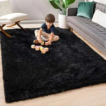 Prabia Super Soft Fluffy Shaggy Rugs 4x5.9 Feet for Living Room Bedroom, Fuzzy Plush Area Rugs for Girls Kids Room Nursery Home Decor, Furry Dorm Cute Non-Slip Indoor Floor Carpet, Black