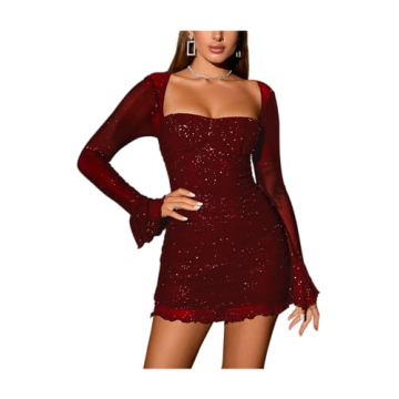 URYIAO Women's Sheer Long Sleeve Sequin Bodycon Mini Dress for Parties XS Wine