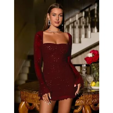 URYIAO Sheer Long Sleeve Sequin Bodycon Mini Dress