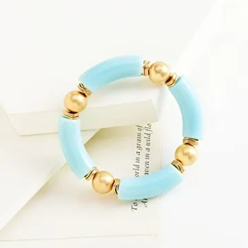LALAPPLE Gold Plated Beaded Acrylic Bamboo Tube Bangle Bracelets for Women, Colorful Chunky Curved Tube With Gold Pieces Beads Stretch Bracelet Friendship Summer Beach Jewelry (C-Sky Blue)
