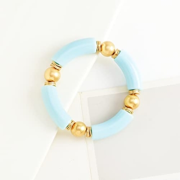 LALAPPLE Gold Plated Beaded Acrylic Bamboo Tube Bangle Bracelets for Women, Colorful Chunky Curved Tube With Gold Pieces Beads Stretch Bracelet Friendship Summer Beach Jewelry (C-Sky Blue)