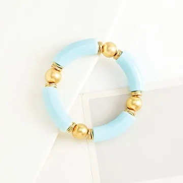 LALAPPLE Gold Plated Beaded Acrylic Bamboo Tube Bangle Bracelets for Women, Colorful Chunky Curved Tube With Gold Pieces Beads Stretch Bracelet Friendship Summer Beach Jewelry (C-Sky Blue)