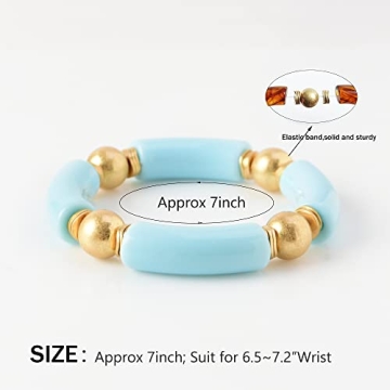 LALAPPLE Gold Plated Beaded Acrylic Bamboo Tube Bangle Bracelets for Women, Colorful Chunky Curved Tube With Gold Pieces Beads Stretch Bracelet Friendship Summer Beach Jewelry (C-Sky Blue)