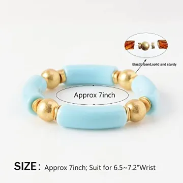LALAPPLE Gold Plated Beaded Acrylic Bamboo Tube Bangle Bracelets for Women, Colorful Chunky Curved Tube With Gold Pieces Beads Stretch Bracelet Friendship Summer Beach Jewelry (C-Sky Blue)