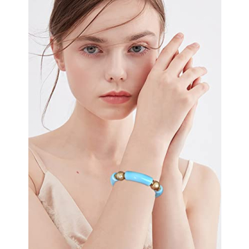 LALAPPLE Gold Plated Beaded Acrylic Bamboo Tube Bangle Bracelets for Women, Colorful Chunky Curved Tube With Gold Pieces Beads Stretch Bracelet Friendship Summer Beach Jewelry (C-Sky Blue)