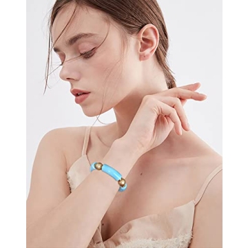 LALAPPLE Gold Plated Beaded Acrylic Bamboo Tube Bangle Bracelets for Women, Colorful Chunky Curved Tube With Gold Pieces Beads Stretch Bracelet Friendship Summer Beach Jewelry (C-Sky Blue)