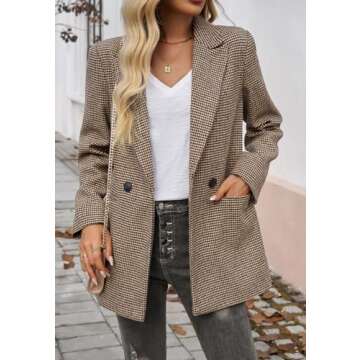 uhbkezy Plaid Blazer for Women 2025 Open Front Long Sleeve Lapel Houndstooth Jacket Blazers Bussiness Work Offcie Suits (Khaki, M)