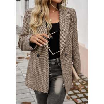 uhbkezy Plaid Blazer for Women 2025 Open Front Long Sleeve Lapel Houndstooth Jacket Blazers Bussiness Work Offcie Suits (Khaki, M)