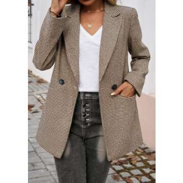 uhbkezy Plaid Blazer for Women 2025 Open Front Long Sleeve Lapel Houndstooth Jacket Blazers Bussiness Work Offcie Suits (Khaki, M)