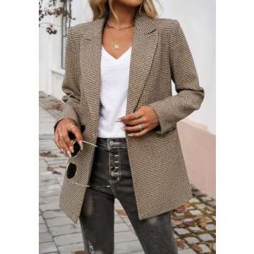 uhbkezy Plaid Blazer for Women 2025 Open Front Long Sleeve Lapel Houndstooth Jacket Blazers Bussiness Work Offcie Suits (Khaki, M)