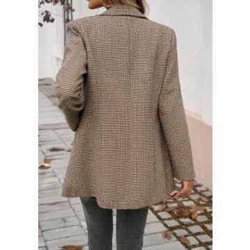 uhbkezy Plaid Blazer for Women 2025 Open Front Long Sleeve Lapel Houndstooth Jacket Blazers Bussiness Work Offcie Suits (Khaki, M)