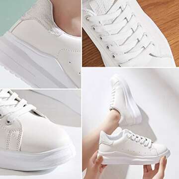 ZGR Women’s Fashion Sneakers White PU Leather Platform Sneaker for Women Lace Up Walking Shoes(Silver,us9)